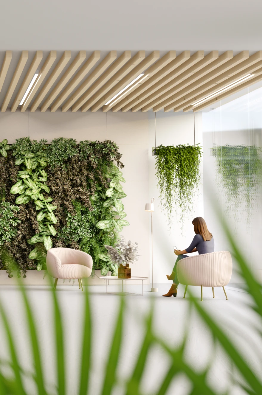 Contemporary office design with hanging plants, wooden ceilings, and relaxing seating