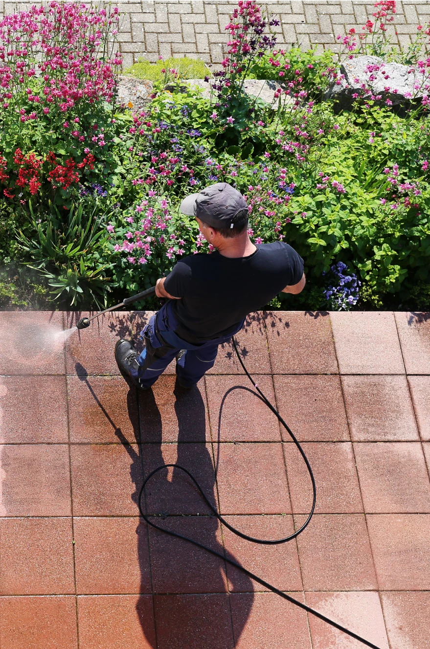 Man pressure washing a tiled walkway surrounded by blooming pink and purple flowers