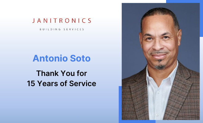 Antonio Soto is recognized for 15 years of service at Janitronics