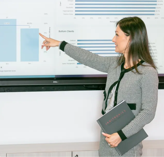 Businesswoman presenting company performance metrics on a screen during a corporate meeting