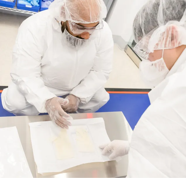 Professionals in protective gear conducting research training in a controlled lab environment
