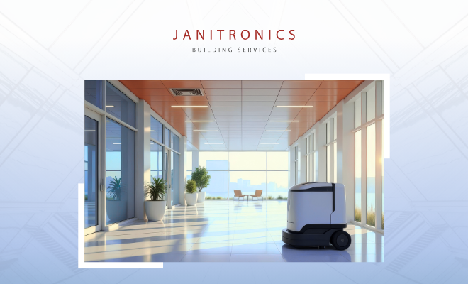 An AI powered robot performing janitorial services in a building hallway